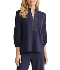 Ming Wang Stretch Deco Crepe Stand Collar V-Neck Elbow Balloon Sleeve Blouse