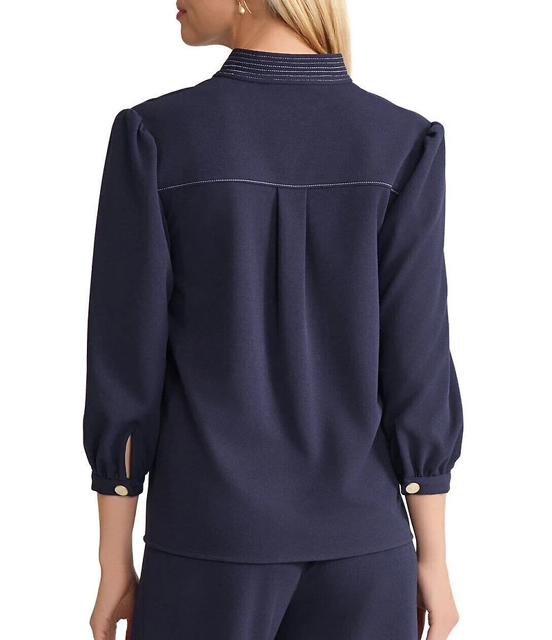 Ming Wang Stretch Deco Crepe Stand Collar V-Neck Elbow Balloon Sleeve Blouse