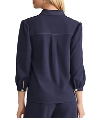 Ming Wang Stretch Deco Crepe Stand Collar V-Neck Elbow Balloon Sleeve Blouse