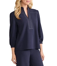 Ming Wang Stretch Deco Crepe Stand Collar V-Neck Elbow Balloon Sleeve Blouse