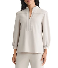 Ming Wang Stretch Deco Crepe Stand Collar V-Neck Elbow Balloon Sleeve Blouse