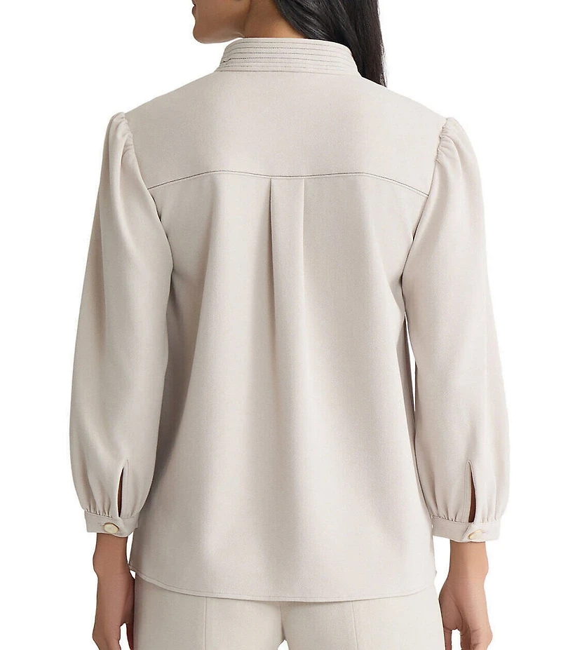 Ming Wang Stretch Deco Crepe Stand Collar V-Neck Elbow Balloon Sleeve Blouse