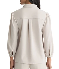 Ming Wang Stretch Deco Crepe Stand Collar V-Neck Elbow Balloon Sleeve Blouse