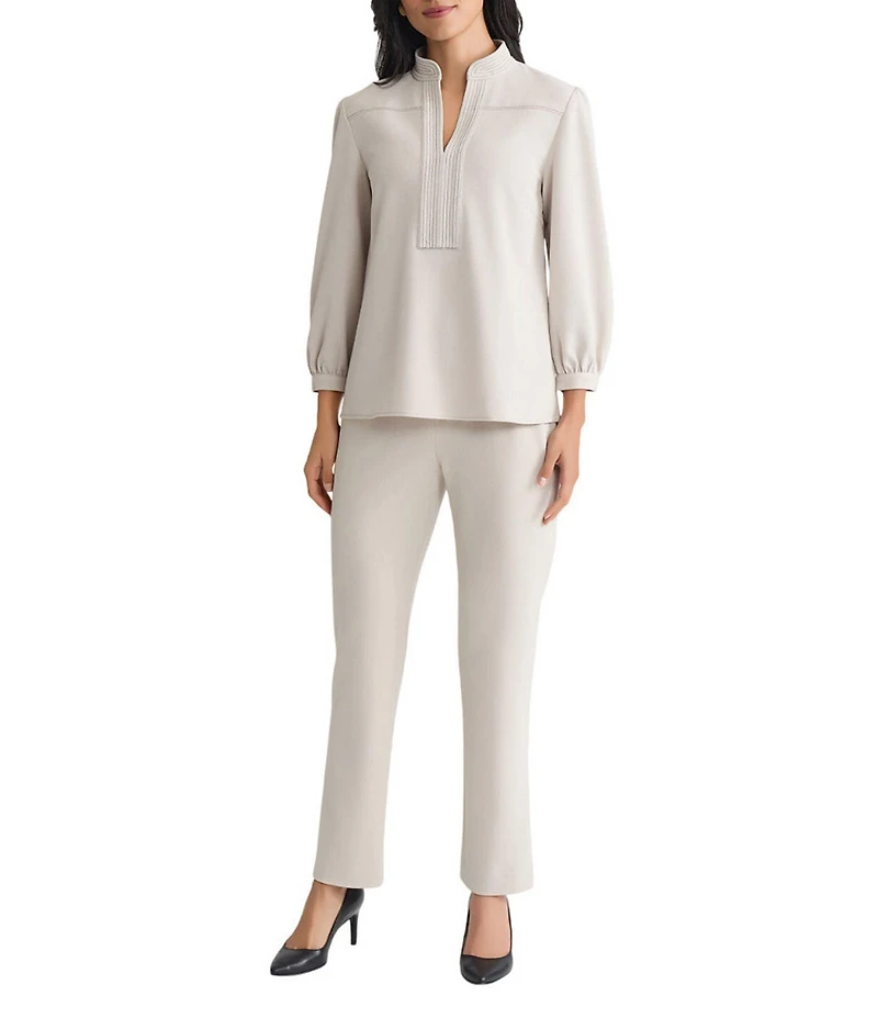 Ming Wang Stretch Deco Crepe Stand Collar V-Neck Elbow Balloon Sleeve Blouse