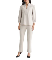 Ming Wang Stretch Deco Crepe Stand Collar V-Neck Elbow Balloon Sleeve Blouse