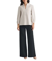 Ming Wang Stretch Deco Crepe Stand Collar V-Neck Elbow Balloon Sleeve Blouse