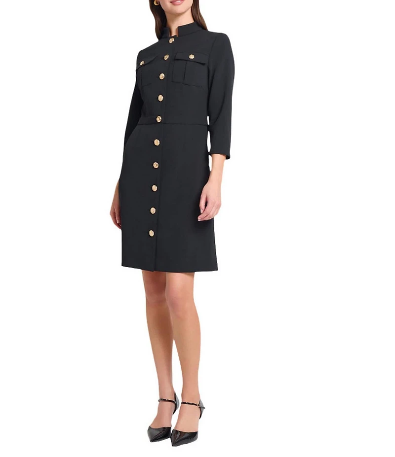 Ming Wang Stretch Deco Crepe Utility Stand Collar 3/4 Sleeve Button Front Dress
