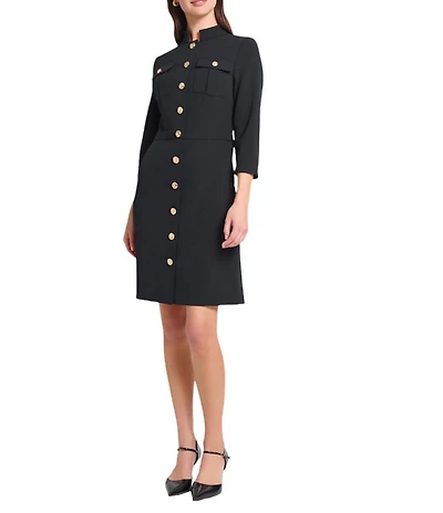 Ming Wang Stretch Deco Crepe Utility Stand Collar 3/4 Sleeve Button Front Dress