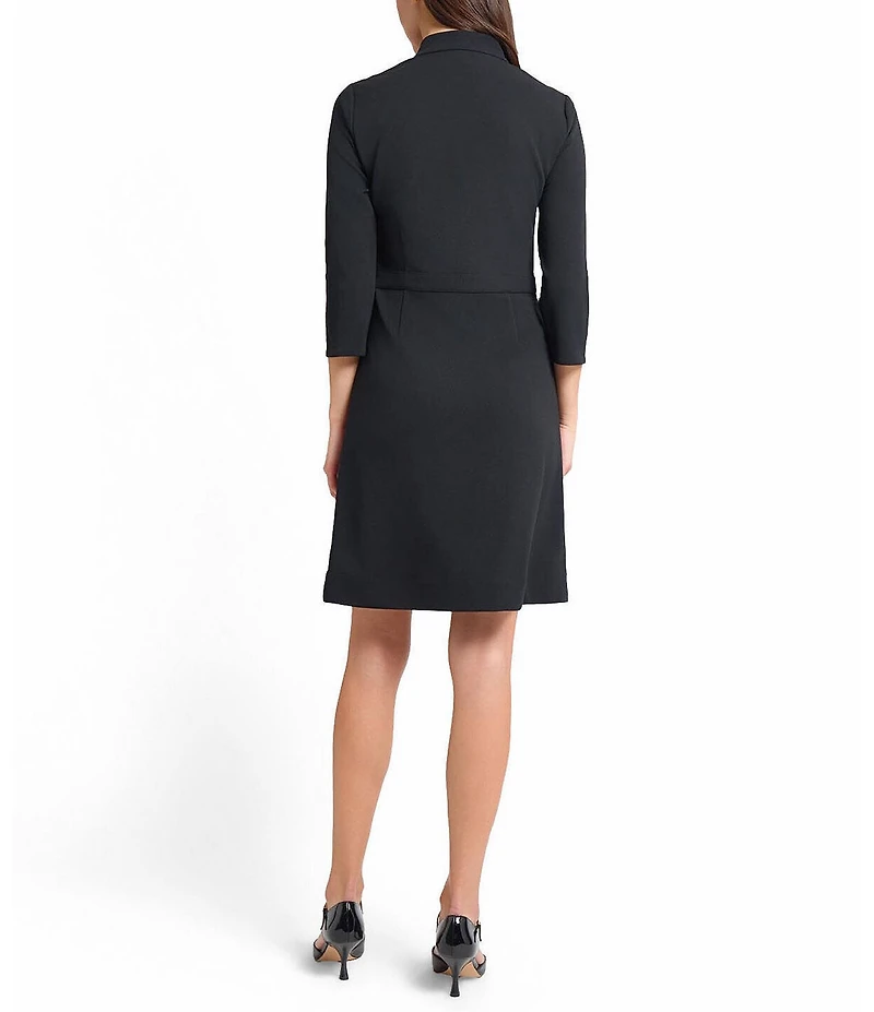 Ming Wang Stretch Deco Crepe Utility Stand Collar 3/4 Sleeve Button Front Dress