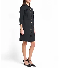 Ming Wang Stretch Deco Crepe Utility Stand Collar 3/4 Sleeve Button Front Dress