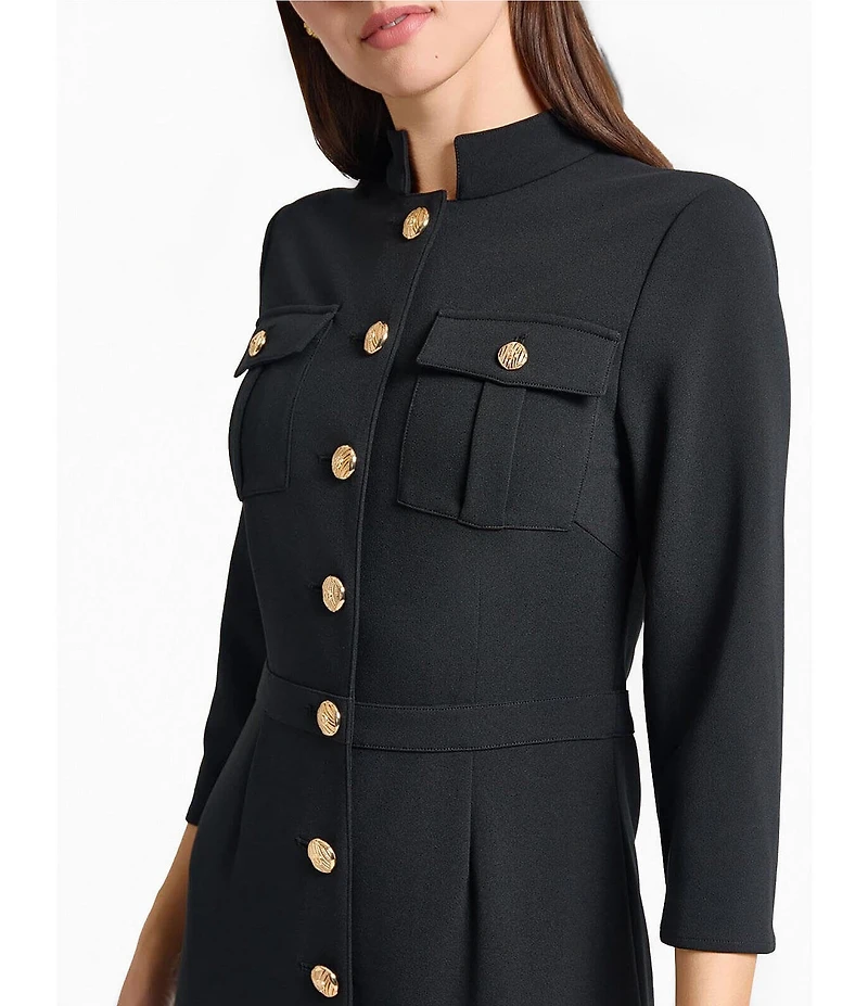 Ming Wang Stretch Deco Crepe Utility Stand Collar 3/4 Sleeve Button Front Dress