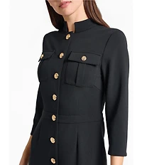 Ming Wang Stretch Deco Crepe Utility Stand Collar 3/4 Sleeve Button Front Dress