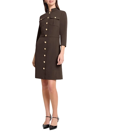 Ming Wang Stretch Deco Crepe Utility Stand Collar 3/4 Sleeve Button Front Dress