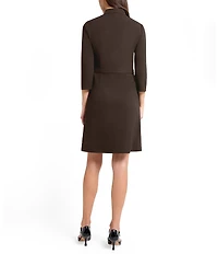 Ming Wang Stretch Deco Crepe Utility Stand Collar 3/4 Sleeve Button Front Dress