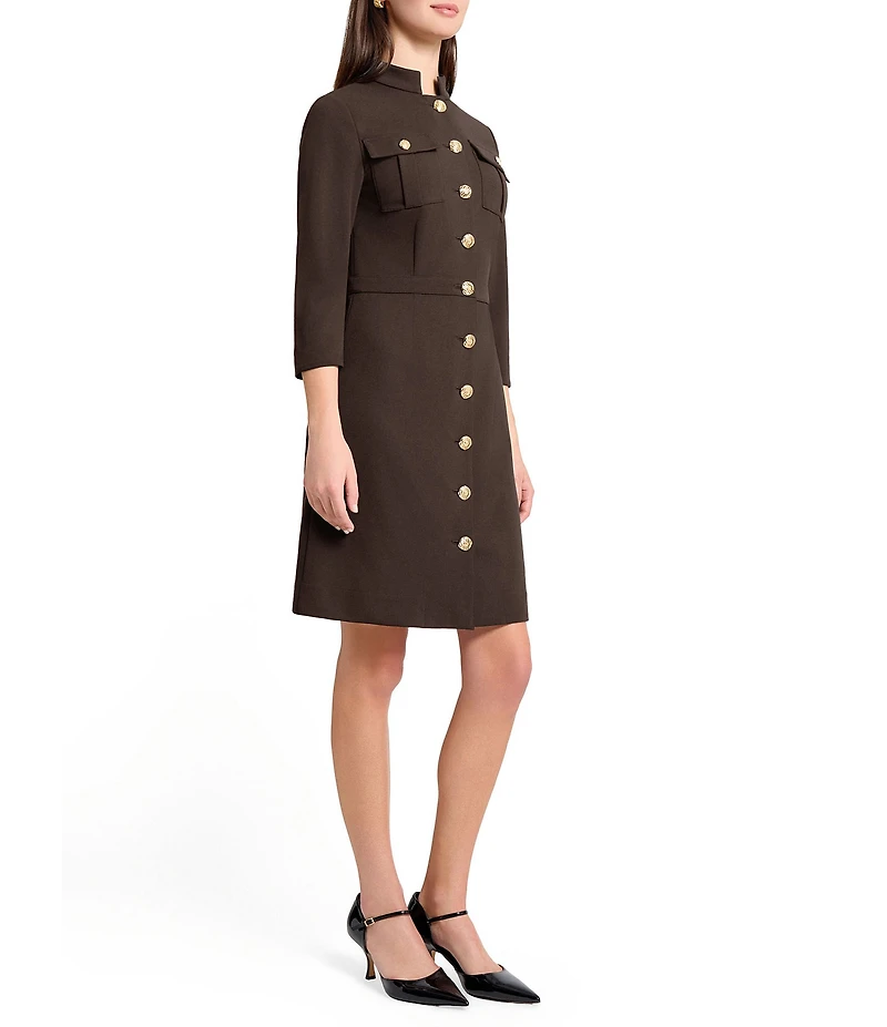 Ming Wang Stretch Deco Crepe Utility Stand Collar 3/4 Sleeve Button Front Dress