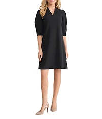 Ming Wang Stretch Deco Crepe V-Neck Elbow Sleeve Dress
