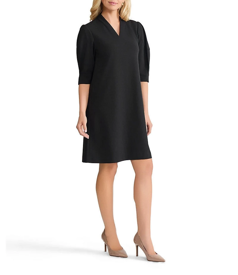 Ming Wang Stretch Deco Crepe V-Neck Elbow Sleeve Dress