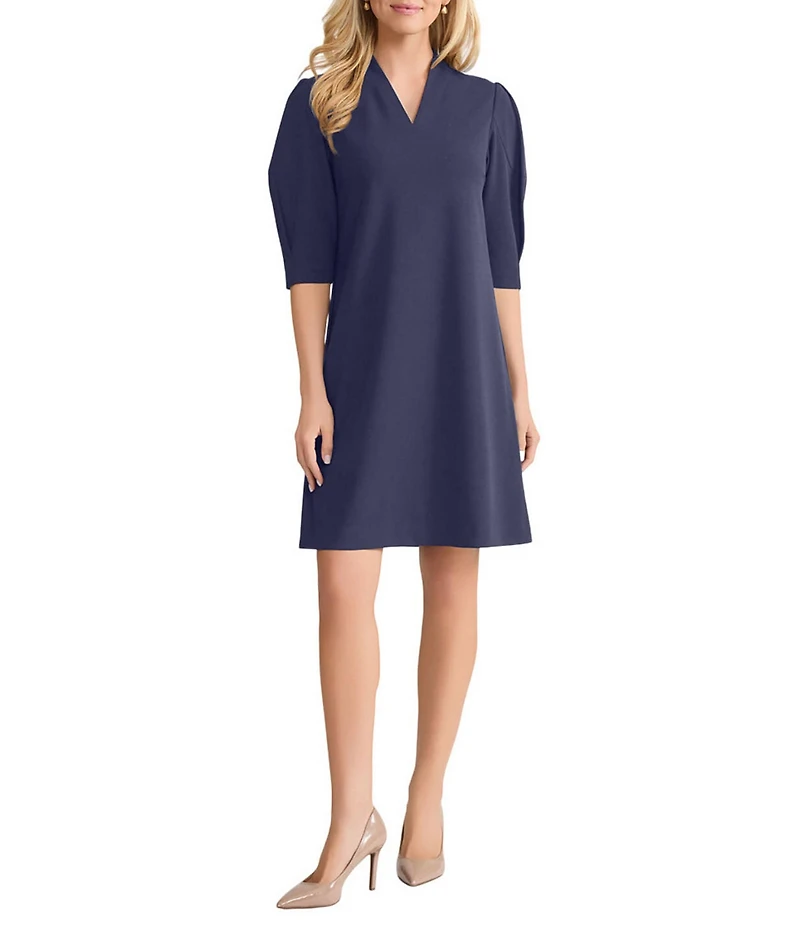 Ming Wang Stretch Deco Crepe V-Neck Elbow Sleeve Dress