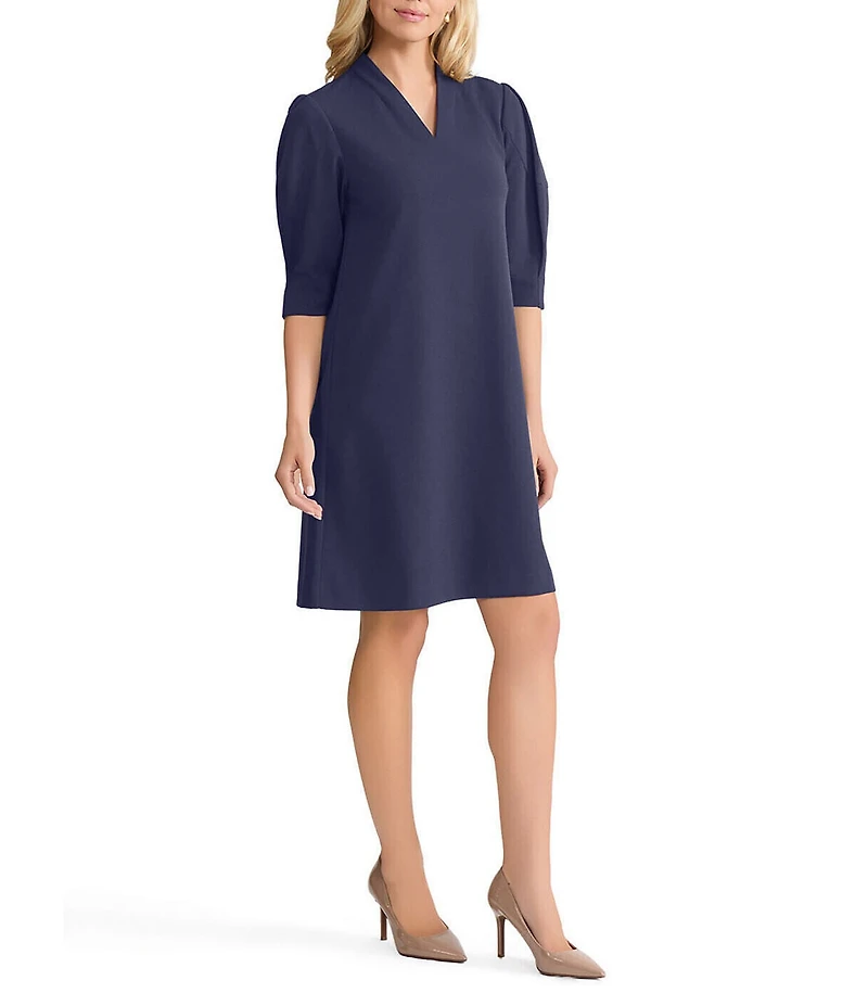 Ming Wang Stretch Deco Crepe V-Neck Elbow Sleeve Dress