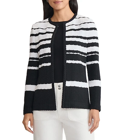 Ming Wang Stripe Knit Basket Weave Braided Trim Jacket
