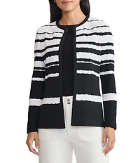 Ming Wang Stripe Knit Basket Weave Braided Trim Jacket