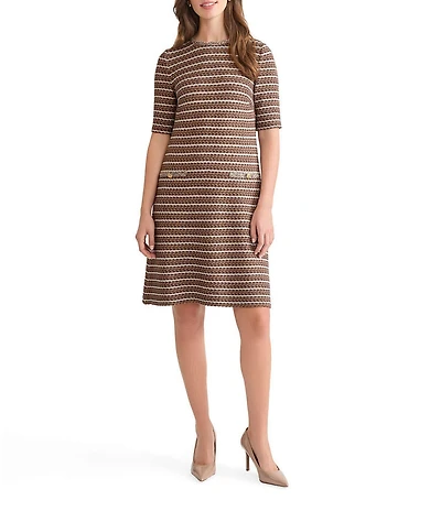 Ming Wang Stripe Knit Round Neck Elbow Sleeve Braided Trim A-Line Dress