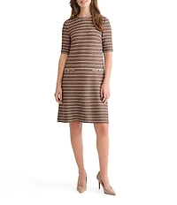 Ming Wang Stripe Knit Round Neck Elbow Sleeve Braided Trim A-Line Dress