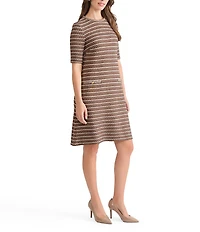 Ming Wang Stripe Knit Round Neck Elbow Sleeve Braided Trim A-Line Dress
