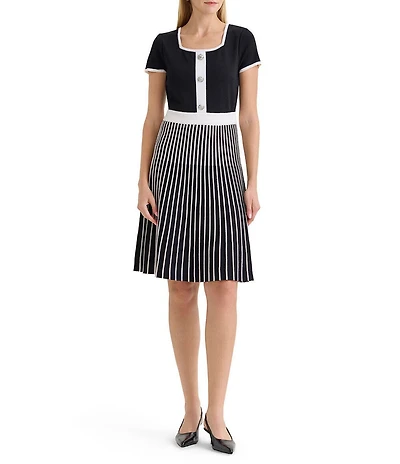 Ming Wang Stripe Knit Square Neck Short Sleeve Fit-And-Flare Dress