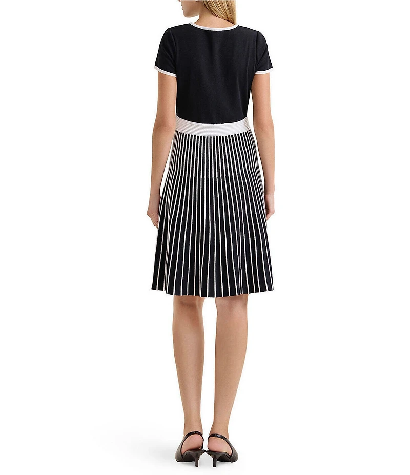 Ming Wang Stripe Knit Square Neck Short Sleeve Fit-And-Flare Dress