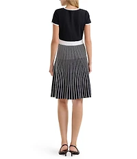 Ming Wang Stripe Knit Square Neck Short Sleeve Fit-And-Flare Dress