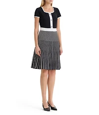 Ming Wang Stripe Knit Square Neck Short Sleeve Fit-And-Flare Dress