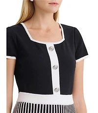 Ming Wang Stripe Knit Square Neck Short Sleeve Fit-And-Flare Dress