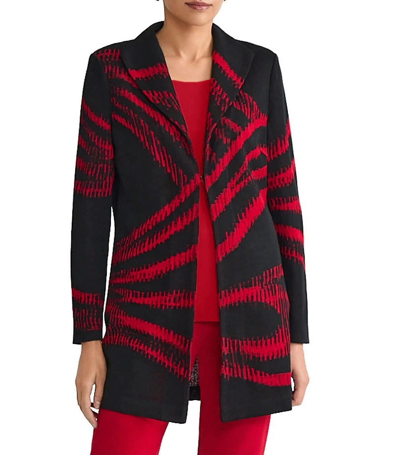 Ming Wang Swirl Print Two-Tone Jacqaurd Wave Knit Shawl Collar Long Sleeve Jacket