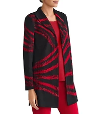 Ming Wang Swirl Print Two-Tone Jacqaurd Wave Knit Shawl Collar Long Sleeve Jacket