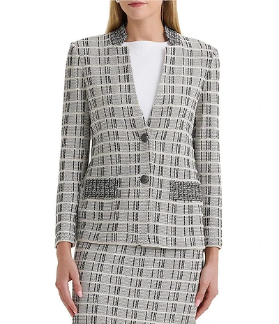Ming Wang Tailored Contrast Stitch Coordinating Tweed Knit Notch Collar Bracelet Sleeve Jacket