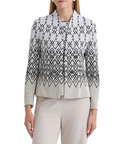 Ming Wang Tailored Diamond Jacquard Knit Mandarin Collar Bracelet Sleeve Jacket