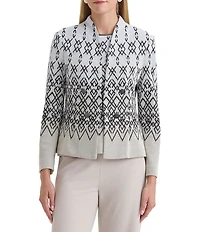 Ming Wang Tailored Diamond Jacquard Knit Mandarin Collar Bracelet Sleeve Jacket