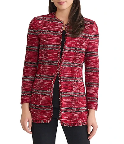 Ming Wang Tailored Melange Fringe Trim Round Neck Long Sleeve Jacket