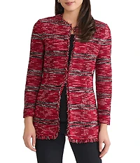 Ming Wang Tailored Melange Fringe Trim Round Neck Long Sleeve Jacket