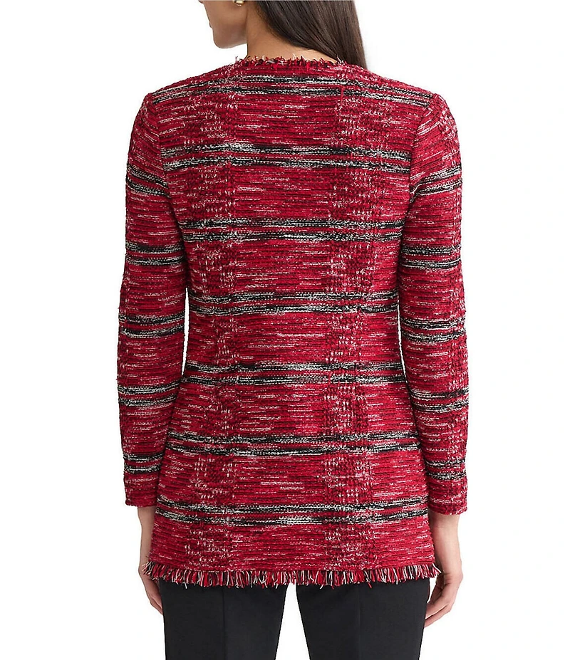 Ming Wang Tailored Melange Fringe Trim Round Neck Long Sleeve Jacket