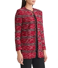 Ming Wang Tailored Melange Fringe Trim Round Neck Long Sleeve Jacket