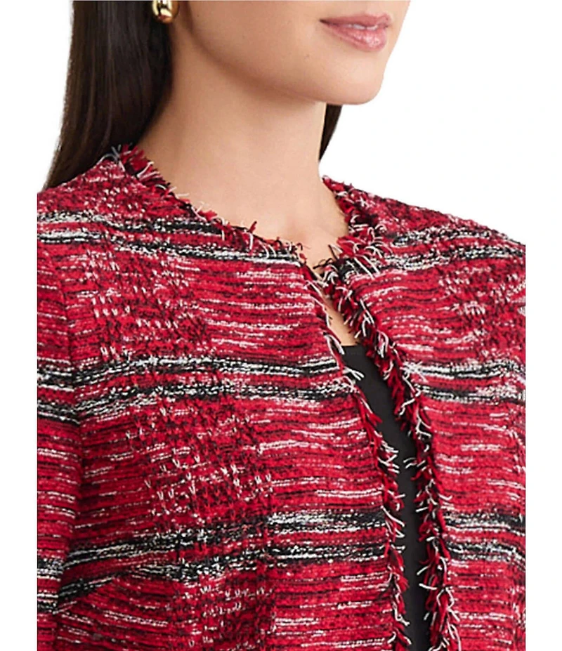 Ming Wang Tailored Melange Fringe Trim Round Neck Long Sleeve Jacket