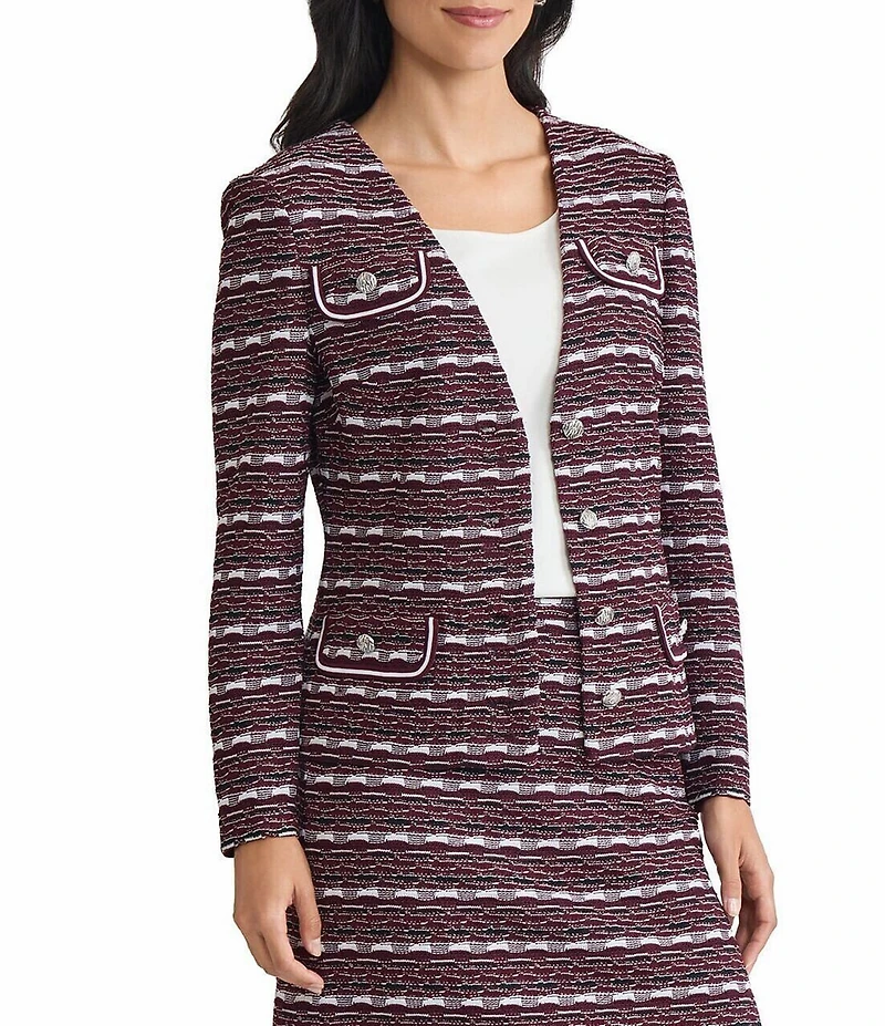Ming Wang Tailored Multi-Stitch Jacquard Knit V-Neck Long Sleeve Jacket