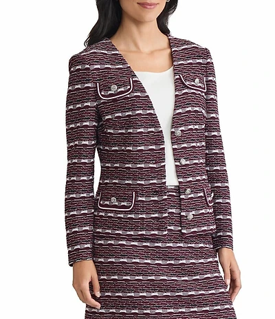 Ming Wang Tailored Multi-Stitch Jacquard Knit V-Neck Long Sleeve Jacket