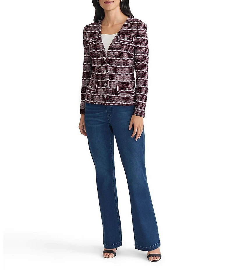 Ming Wang Tailored Multi-Stitch Jacquard Knit V-Neck Long Sleeve Jacket