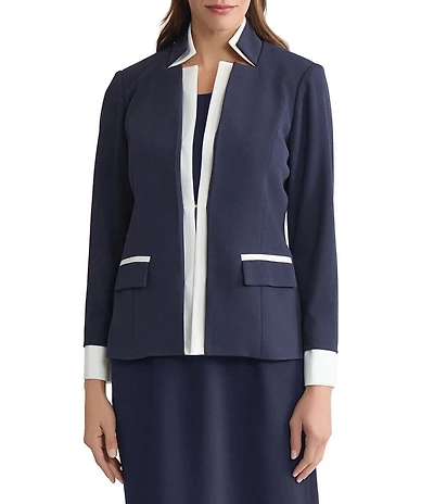 Ming Wang Tailored Two-Tone Stretch Crepe Notch Collar Long Sleeve Blazer