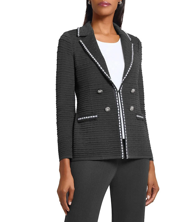 Ming Wang Textured Knit Contrast Trim Notch Lapel Long Sleeve Jacket