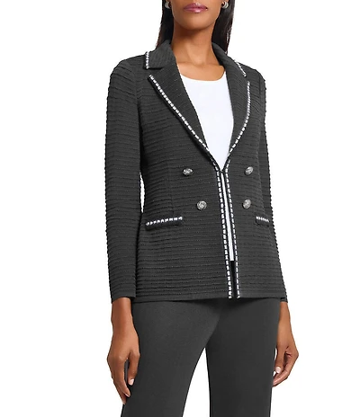 Ming Wang Textured Knit Contrast Trim Notch Lapel Long Sleeve Jacket