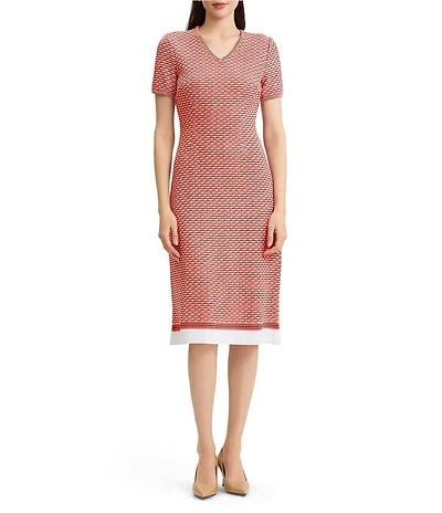 Ming Wang Textured Multi-Stretch V-Neck Short Sleeve A-Line Dress